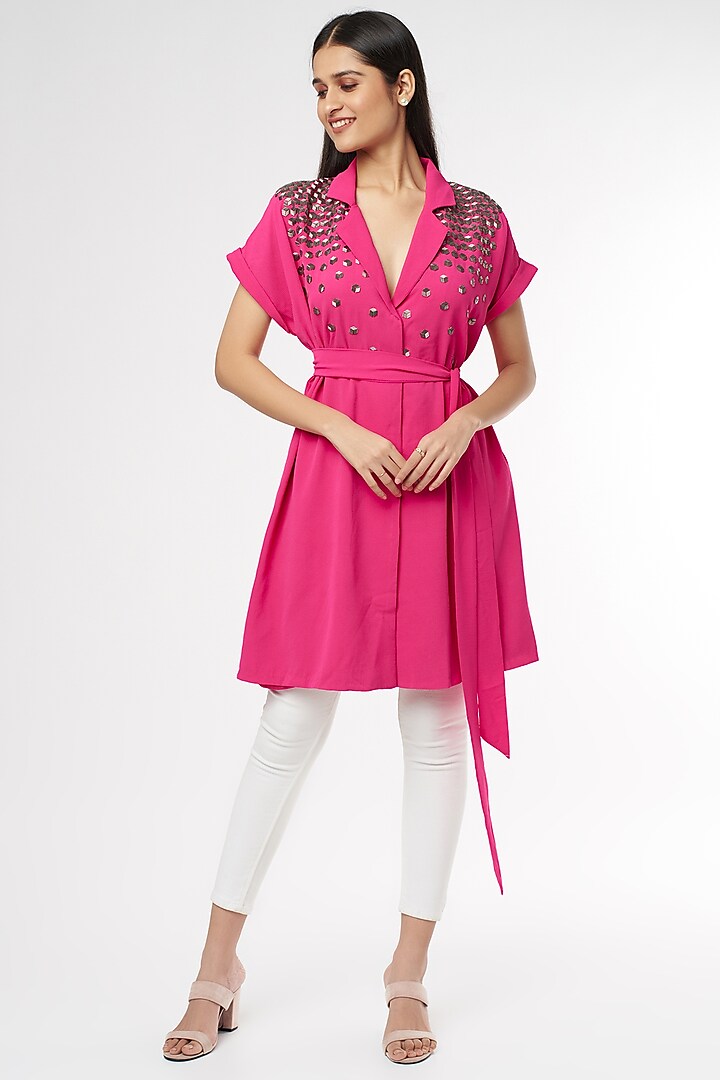 Hot Pink Embellished Dress With Belt by Namrata Joshipura