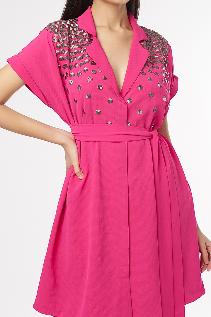 Hot Pink Embellished Vacation Dress With Belt by Namrata Joshipura at Pernia's Pop Up Shop