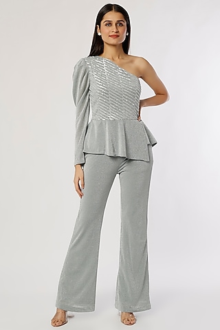 Grey Shimmer Jersey Pant Set by Namrata Joshipura