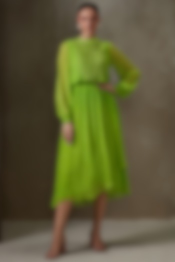 Lime Green Embellished Gathered Dress by Namrata Joshipura