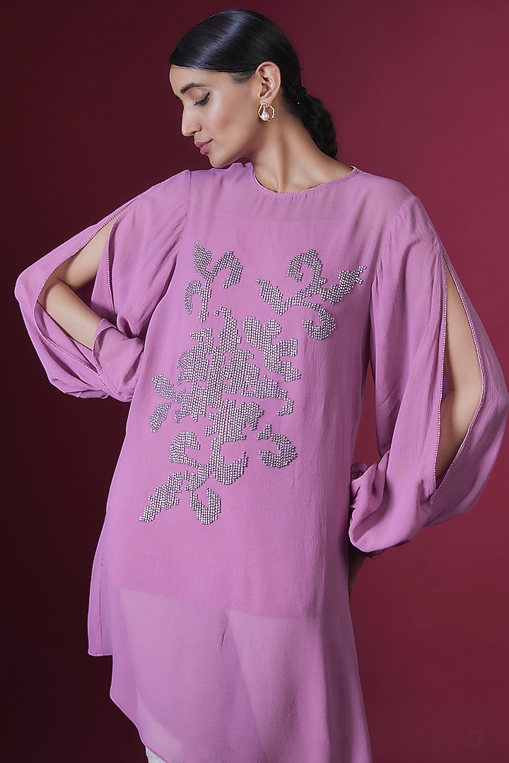 Lilac Georgette Floral Hand Embellished Asymmetric Tunic by Namrata Joshipura at Pernia's Pop Up Shop