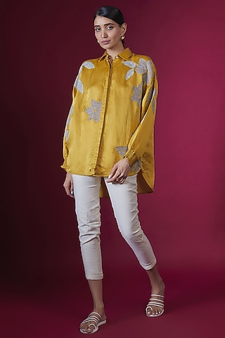 Ochre Linen Satin Floral Hand & Machine Embellished Shirt by Namrata Joshipura
