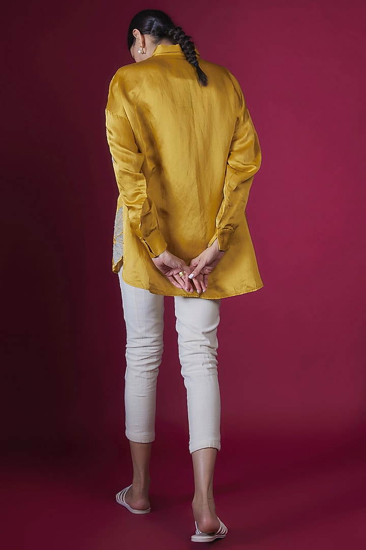 Ochre Linen Satin Floral Hand & Machine Embellished Shirt by Namrata Joshipura at Pernia's Pop Up Shop