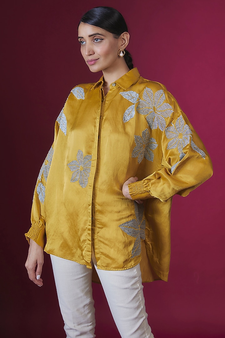 Ochre Linen Satin Floral Hand & Machine Embellished Shirt by Namrata Joshipura at Pernia's Pop Up Shop