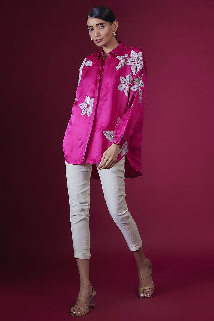 Fuchsia Linen Satin Floral Hand & Machine Embellished Shirt by Namrata Joshipura