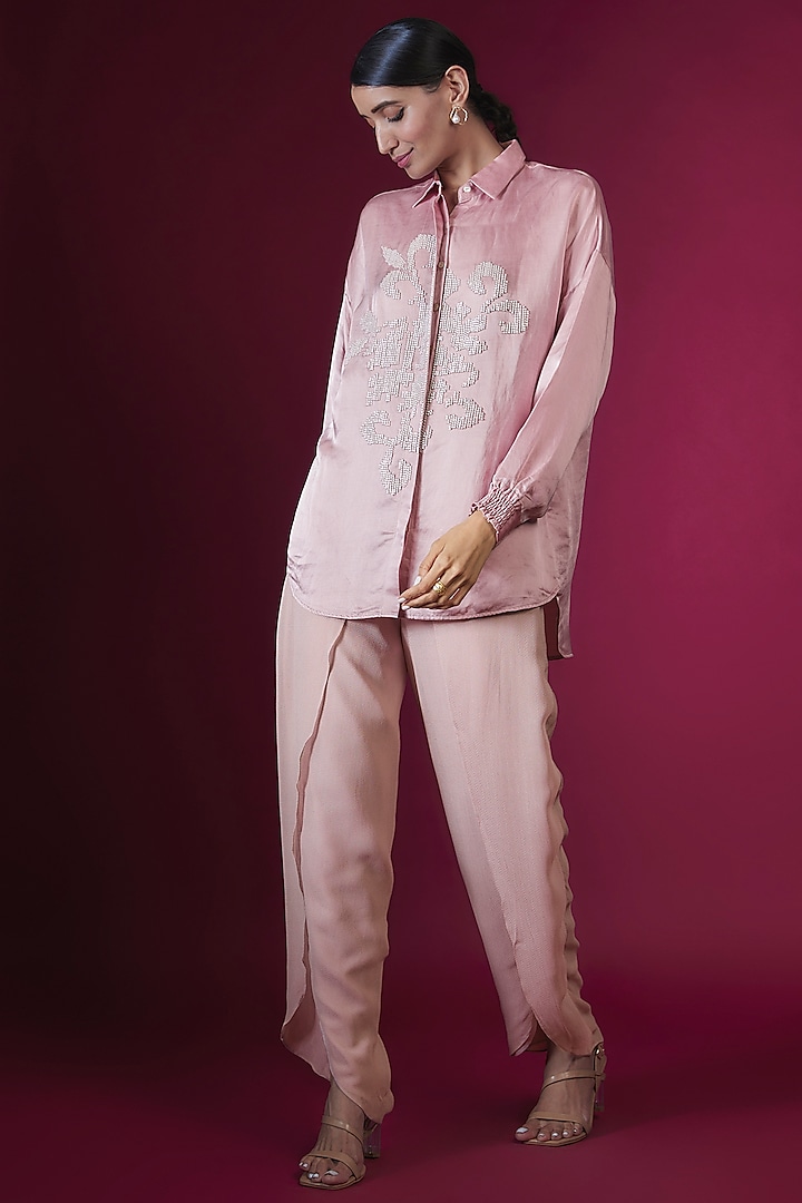 Rose Linen Satin Floral Hand & Machine Embellished Shirt by Namrata Joshipura