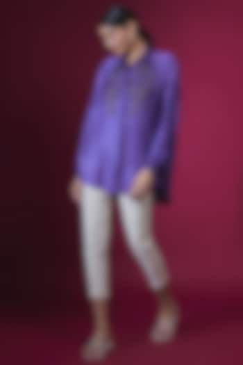 Purple Linen Satin Floral Hand & Machine Embellished Shirt by Namrata Joshipura