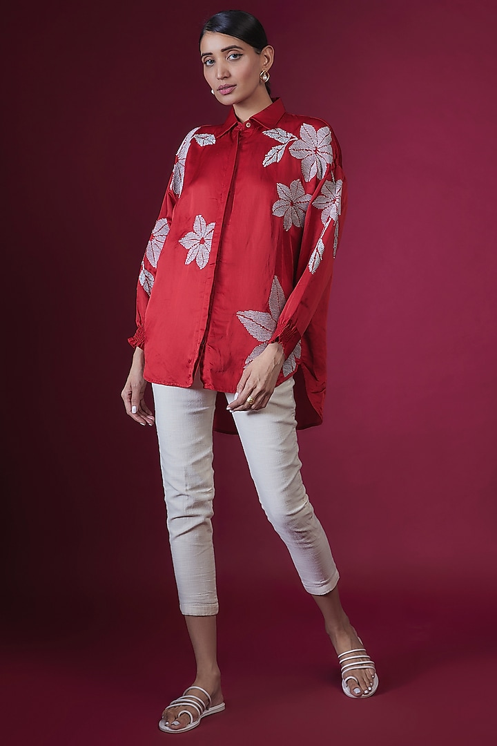 Red Linen Satin Floral Hand & Machine Embellished Shirt by Namrata Joshipura
