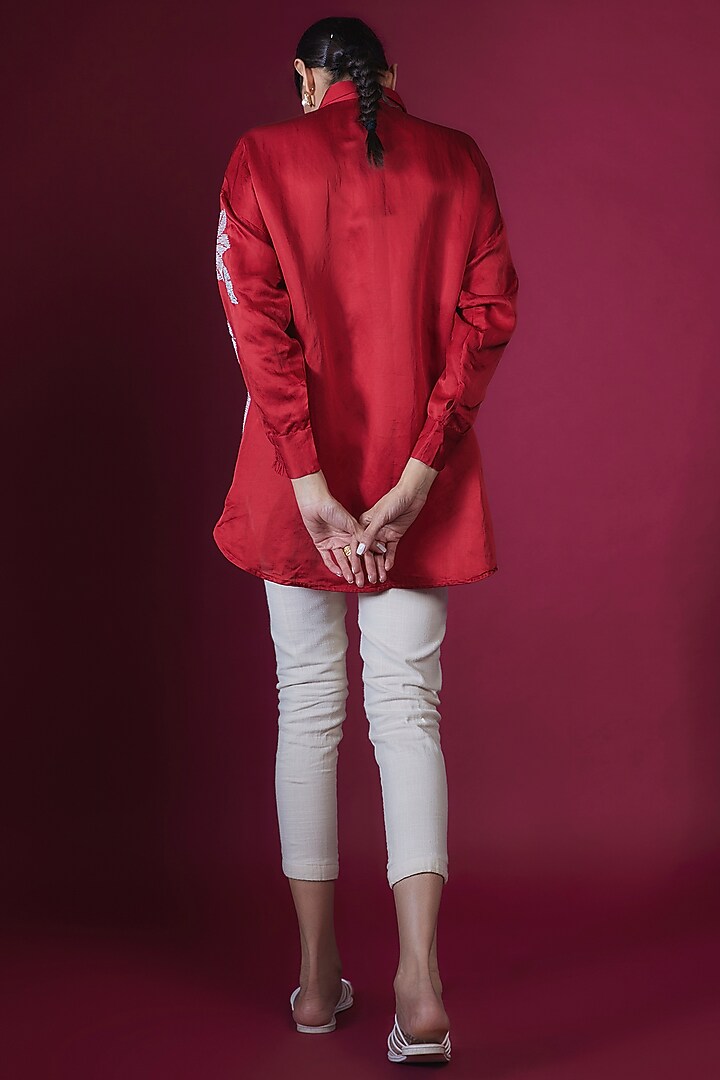 Red Linen Satin Floral Hand & Machine Embellished Shirt by Namrata Joshipura at Pernia's Pop Up Shop