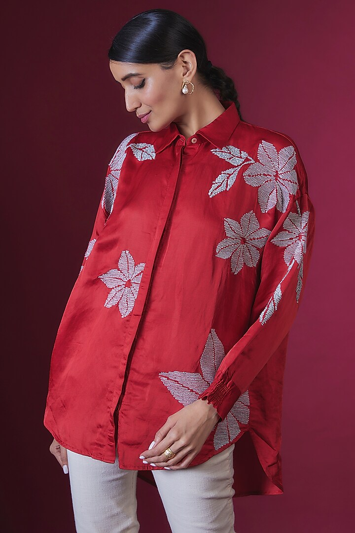 Red Linen Satin Floral Hand & Machine Embellished Shirt by Namrata Joshipura at Pernia's Pop Up Shop