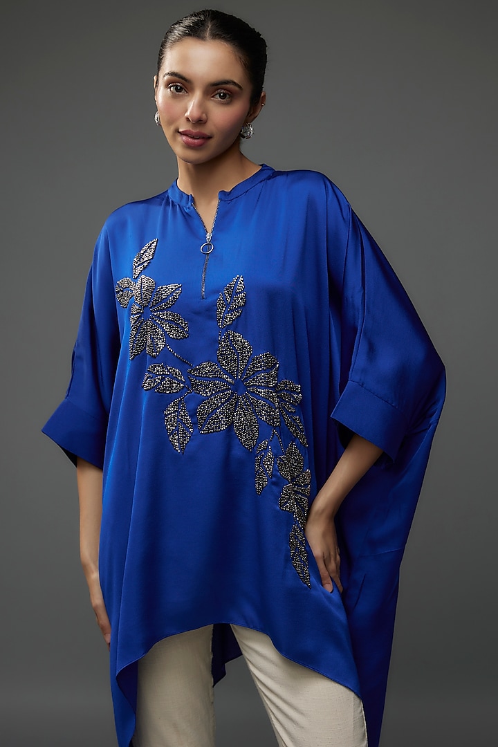 Egyptian Blue Satin Floral Hand Embellished Asymmetric Tunic by Namrata Joshipura