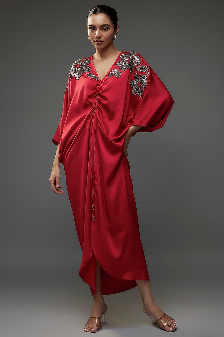 Scarlet Satin Floral Hand Embellished Draped Dress by Namrata Joshipura