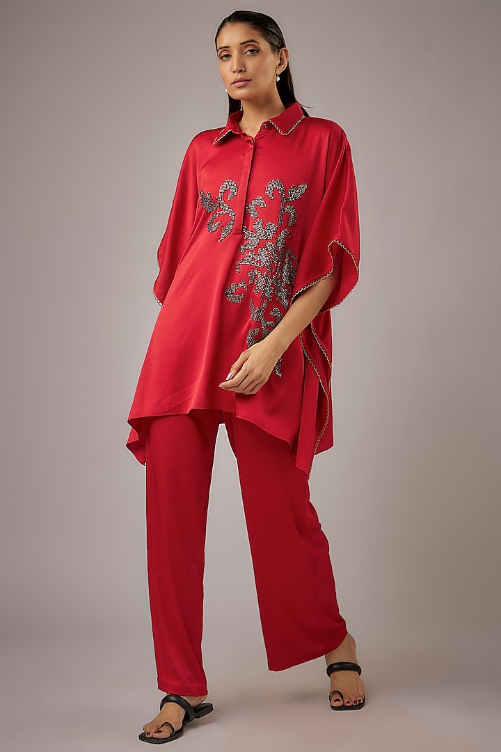 Scarlet Red Satin Floral Hand Embellished Tunic by Namrata Joshipura