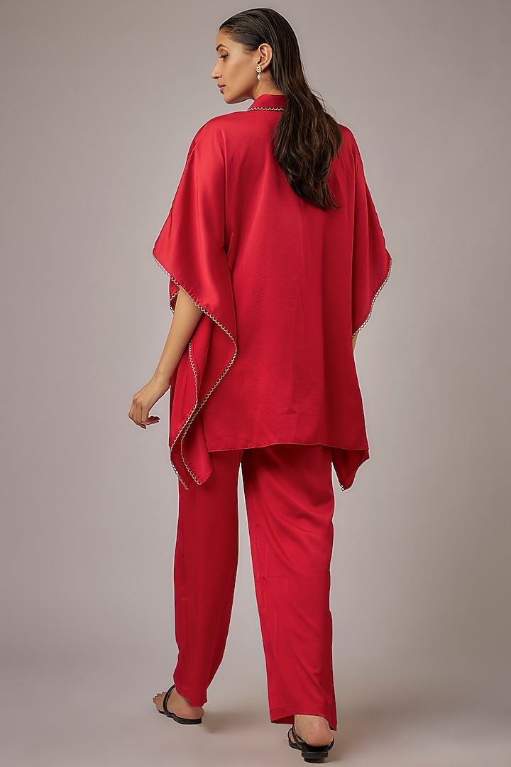Scarlet Red Satin Floral Hand Embellished Tunic by Namrata Joshipura at Pernia's Pop Up Shop