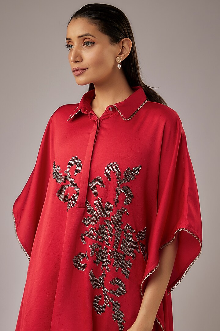 Scarlet Red Satin Floral Hand Embellished Tunic by Namrata Joshipura at Pernia's Pop Up Shop