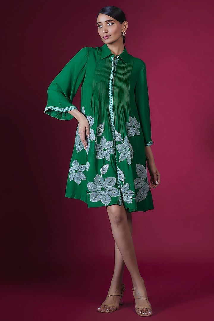Forest Green Georgette Floral Hand Embellished Pleated Straight Tunic by Namrata Joshipura