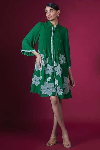 Forest Green Georgette Floral Hand Embellished Pleated Straight Tunic by Namrata Joshipura