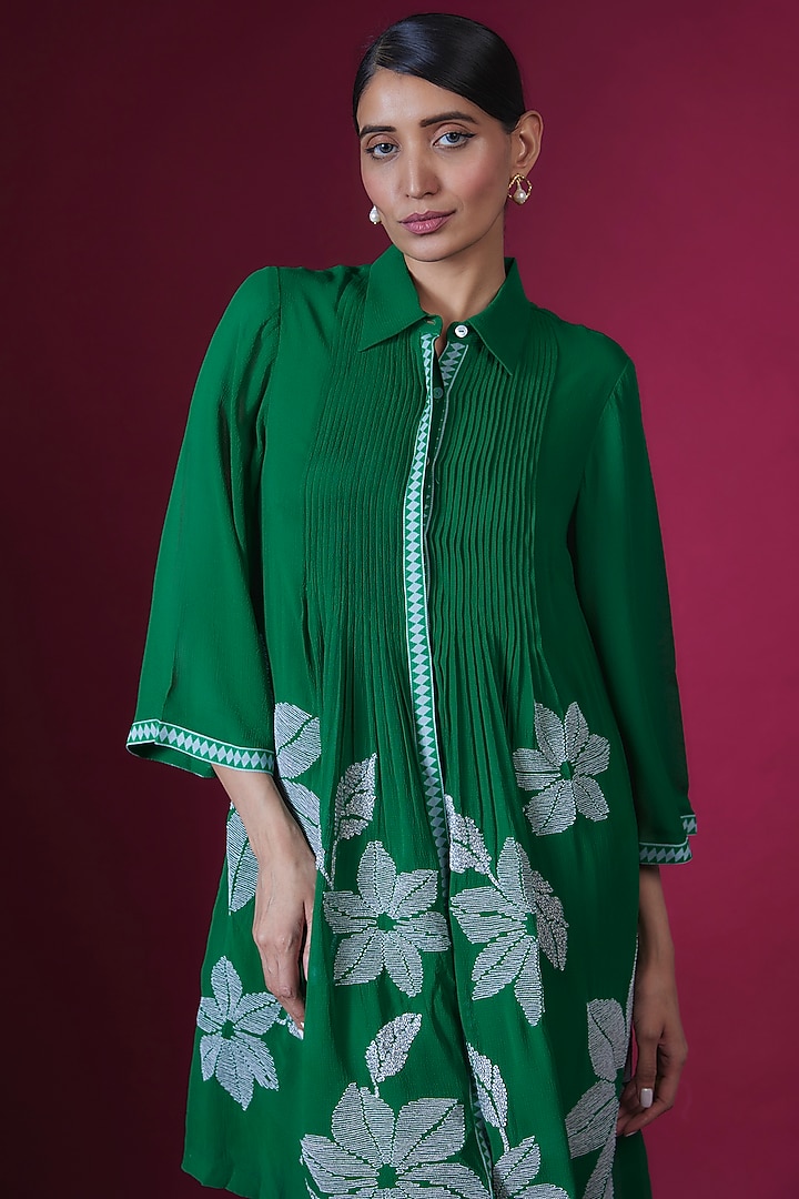 Forest Green Georgette Floral Hand Embellished Pleated Straight Tunic by Namrata Joshipura at Pernia's Pop Up Shop