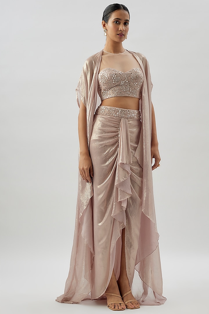 English Rose Shimmer Chiffon Floral Hand & Machine Embellished Cape Set by Namrata Joshipura at Pernia's Pop Up Shop