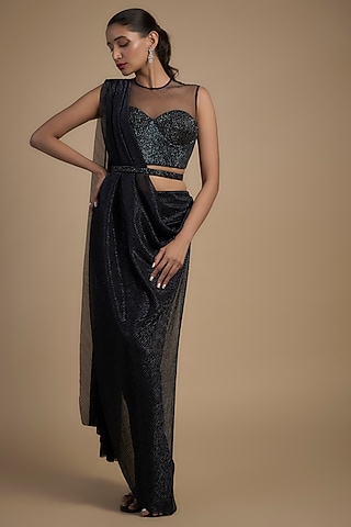 Midnight Blue Shimmer Crepe Hand Embellished Draped Saree Set by Namrata Joshipura