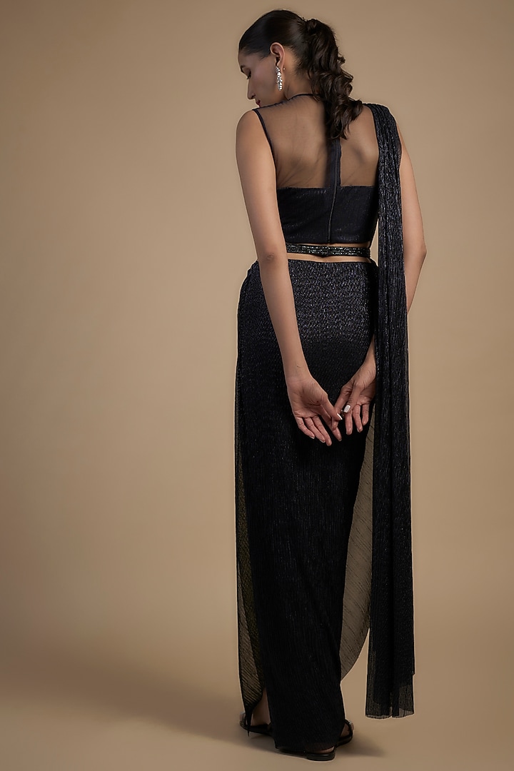 Midnight Blue Shimmer Crepe Hand Embellished Draped Wedding Saree Set by Namrata Joshipura at Pernia's Pop Up Shop