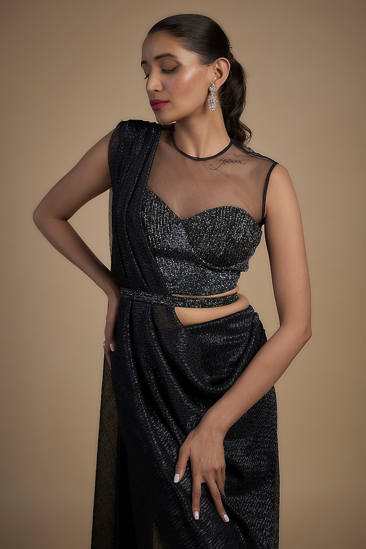 Midnight Blue Shimmer Crepe Hand Embellished Draped Wedding Saree Set by Namrata Joshipura at Pernia's Pop Up Shop