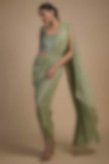 Jade Green Shimmer Crepe Hand Embellished Pre-Draped Wedding Saree Set by Namrata Joshipura at Pernia's Pop Up Shop
