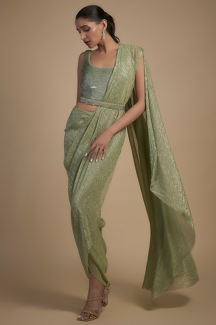 Jade Green Shimmer Crepe Hand Embellished Pre-Draped Wedding Saree Set by Namrata Joshipura at Pernia's Pop Up Shop