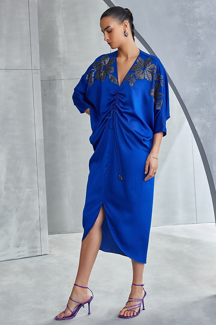 Egyptian Blue Satin Hand Embellished Draped Dress by Namrata Joshipura at  Pernia's Pop Up Shop 2026