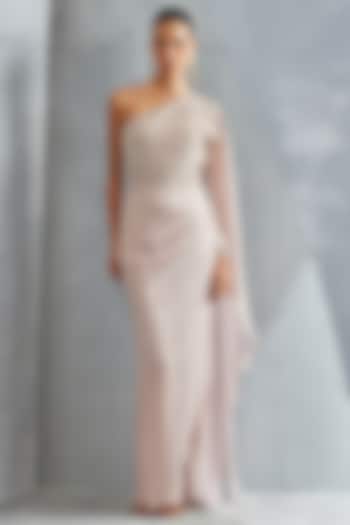 English Rose Shimmer Chiffon Embellished One-Shoulder Gown by Namrata Joshipura