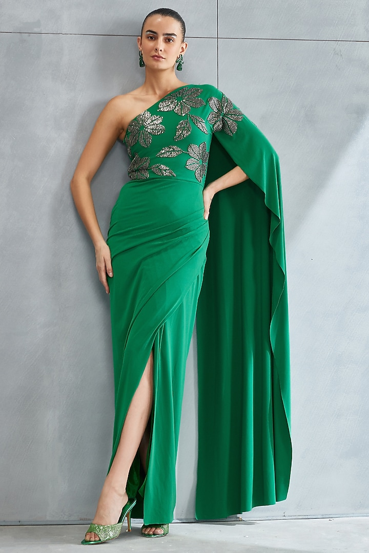 Forest Green Jersey Hand Embellished One-Shoulder Gown by Namrata Joshipura