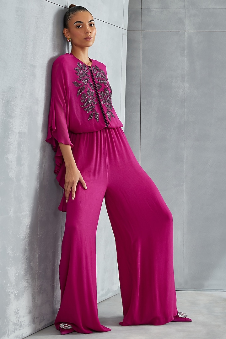 Mulberry Georgette Hand Embellished Jumpsuit by Namrata Joshipura at Pernia's Pop Up Shop