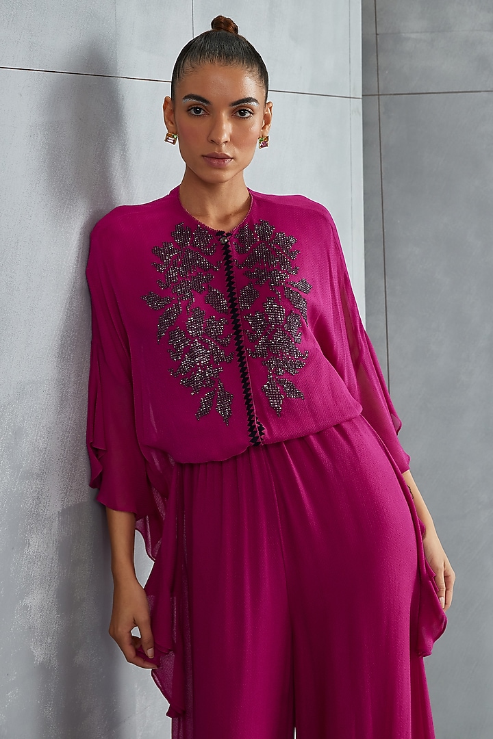Mulberry Georgette Hand Embellished Jumpsuit by Namrata Joshipura at Pernia's Pop Up Shop