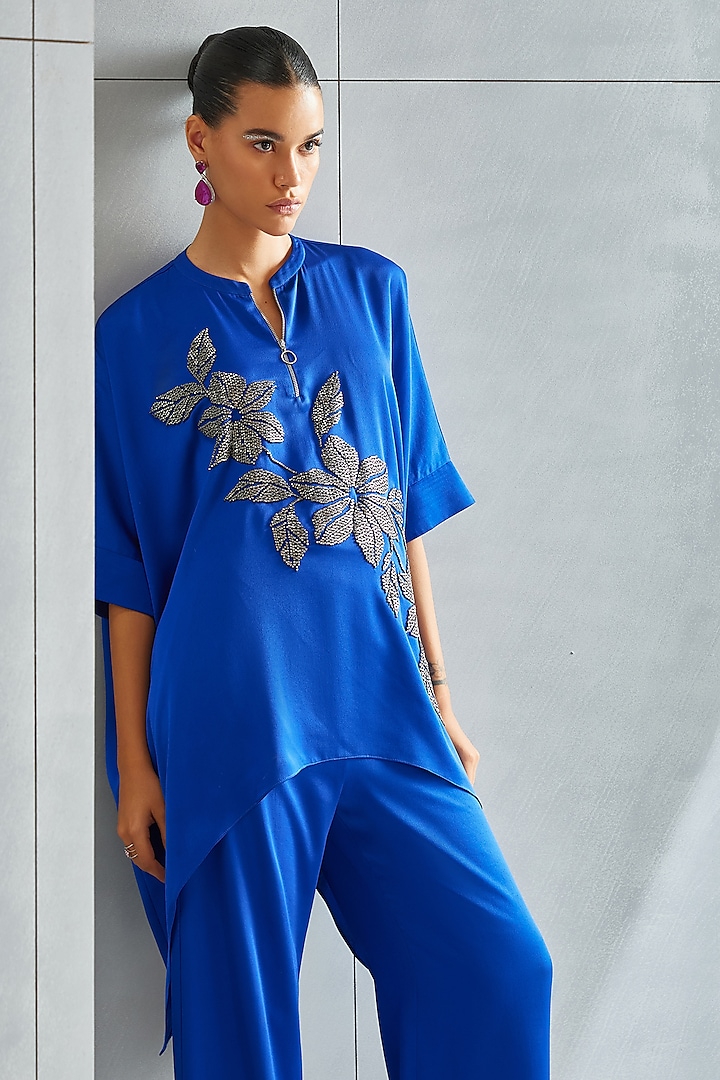 Egyptian Blue Satin Embellished Asymmetric Tunic by Namrata Joshipura