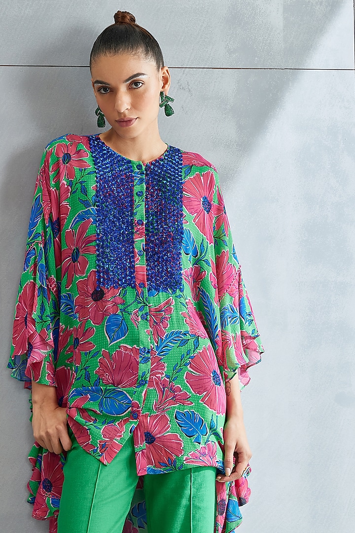 Forest Green Georgette Embellished Tunic by Namrata Joshipura at Pernia's Pop Up Shop