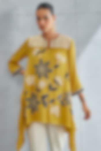 Ochre Yellow Georgette Embellished Asymmetrical Tunic by Namrata Joshipura at Pernia's Pop Up Shop