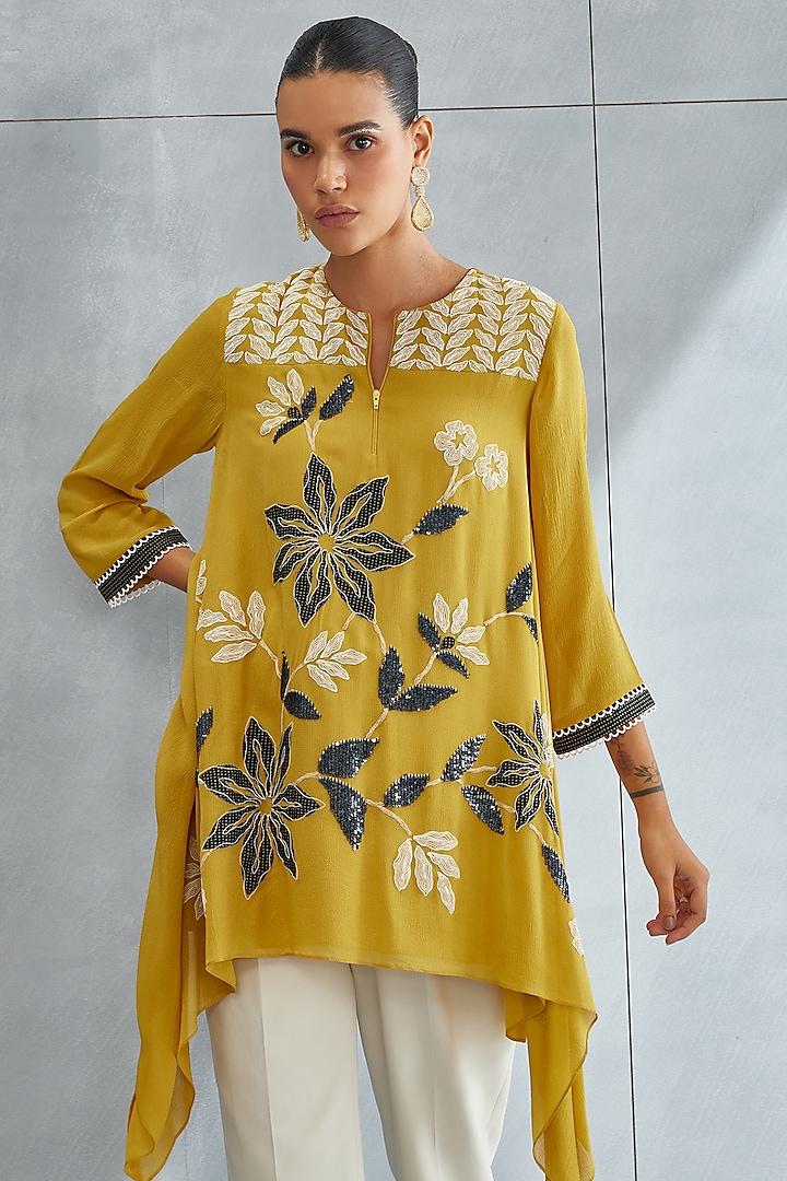 Ochre Yellow Georgette Embellished Asymmetrical Tunic by Namrata Joshipura at Pernia's Pop Up Shop