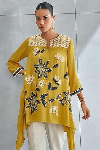 Ochre Yellow Georgette Embellished Asymmetrical Tunic by Namrata Joshipura