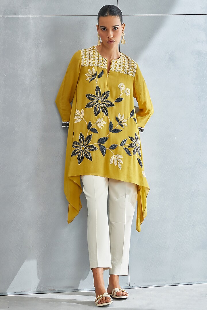 Ochre Yellow Georgette Embellished Asymmetrical Tunic by Namrata Joshipura at Pernia's Pop Up Shop
