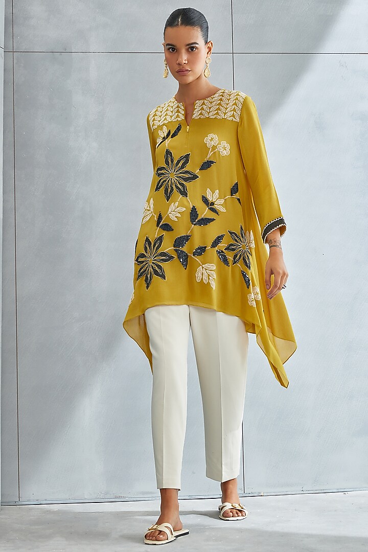 Ochre Yellow Georgette Embellished Asymmetrical Tunic by Namrata Joshipura at Pernia's Pop Up Shop