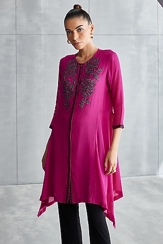 Mulberry Georgette Embellished Handkerchief Tunic by Namrata Joshipura