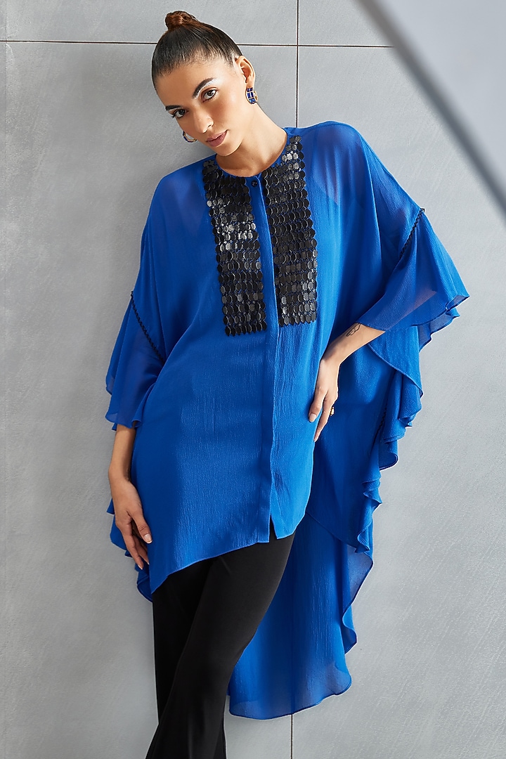 Egyptian Blue Georgette Embellished Tunic by Namrata Joshipura at Pernia's Pop Up Shop