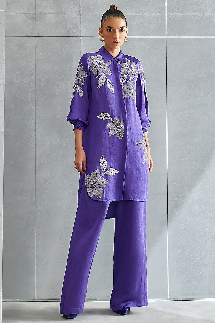 Violet Linen Satin Embellished Boxy Tunic by Namrata Joshipura at Pernia's Pop Up Shop