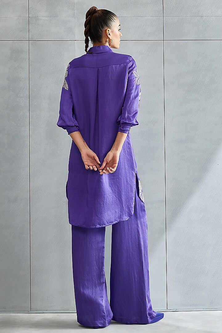 Violet Linen Satin Embellished Boxy Tunic by Namrata Joshipura at Pernia's Pop Up Shop