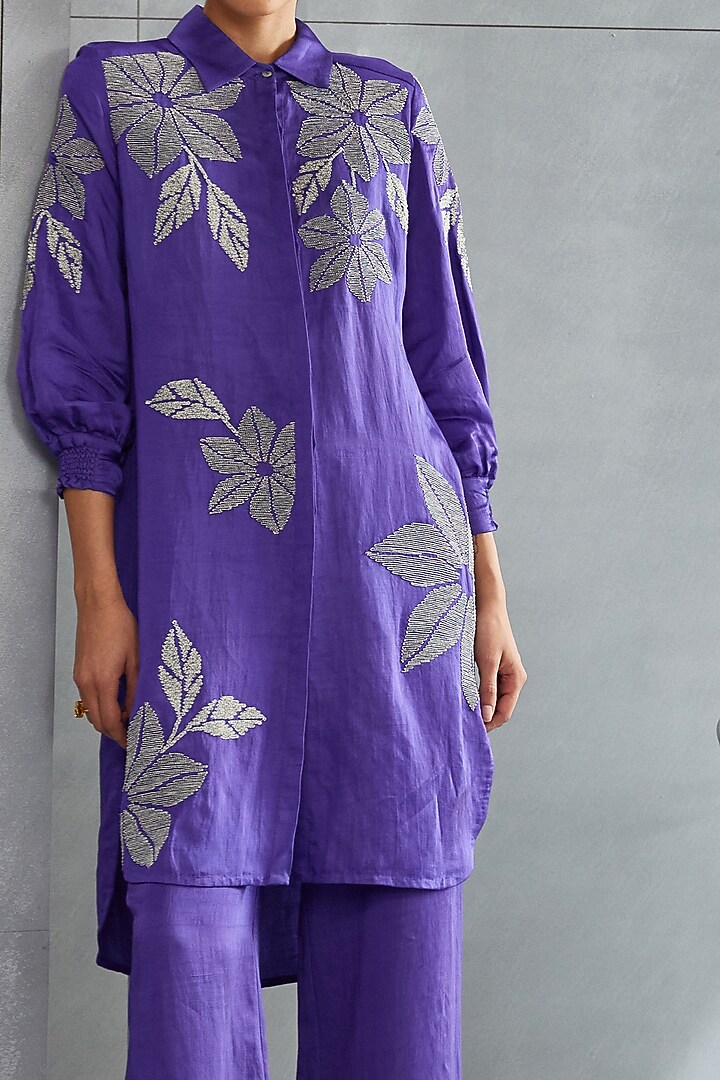 Violet Linen Satin Embellished Boxy Tunic by Namrata Joshipura at Pernia's Pop Up Shop