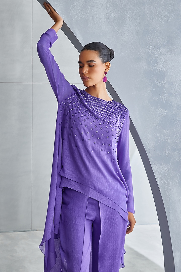 Amethyst Purple Embellished Layered Tunic by Namrata Joshipura at Pernia's Pop Up Shop