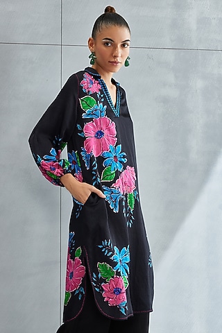 Black Linen Satin Embellished Tunic by Namrata Joshipura