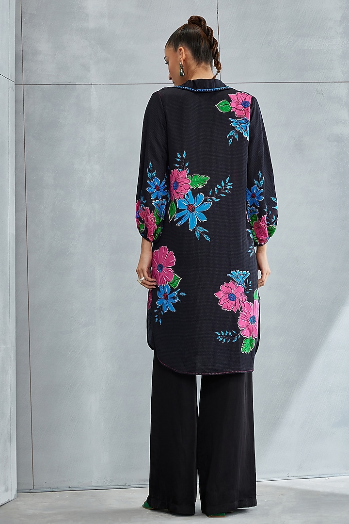 Black Linen Satin Embellished Tunic by Namrata Joshipura at Pernia's Pop Up Shop