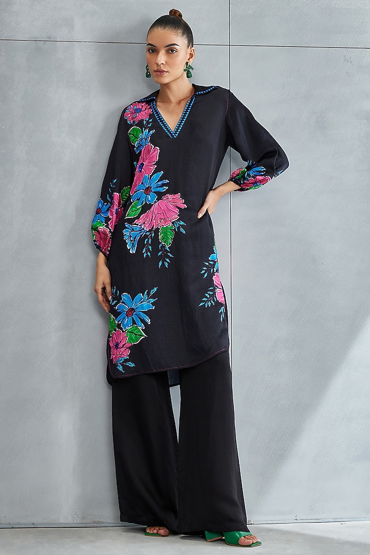 Black Linen Satin Embellished Tunic by Namrata Joshipura at Pernia's Pop Up Shop