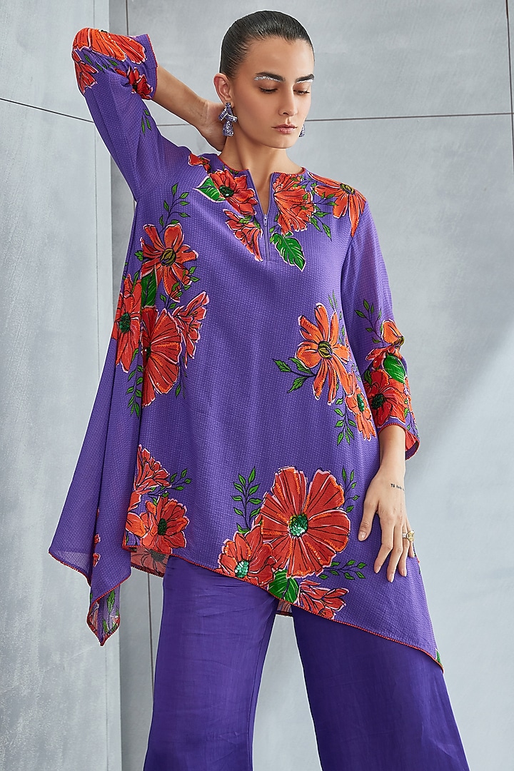 Amethyst Purple Georgette Embellished Asymmetric Tunic by Namrata Joshipura at Pernia's Pop Up Shop